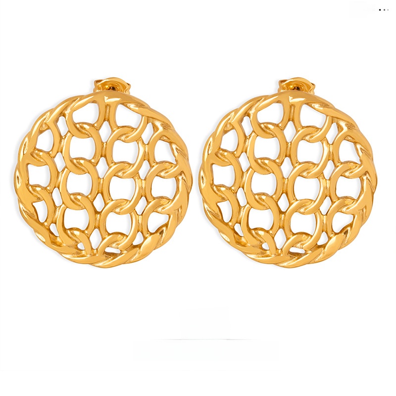 Vintage Hollow Circular Woven Chain Link Stud Earrings Stainless Steel Personalized Exaggerated Jewelry For Women