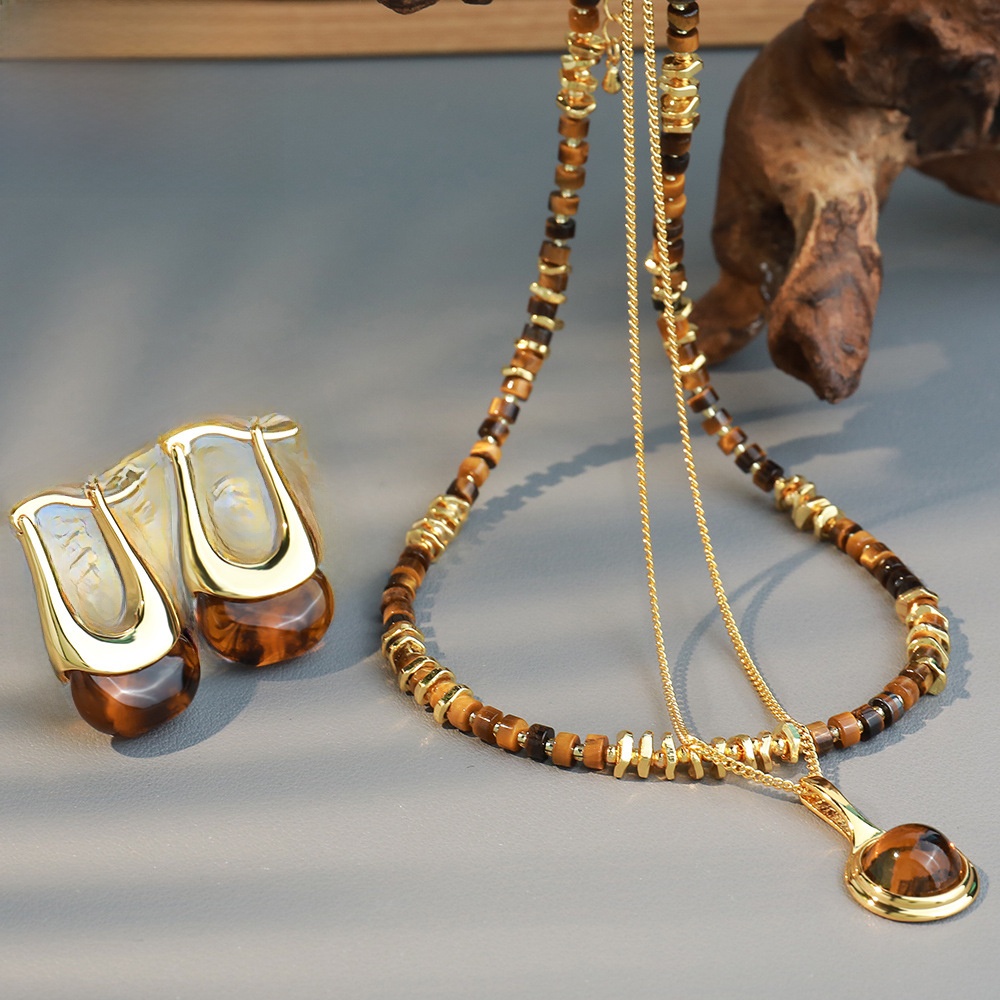 Tiger Eye Stone Pendant Necklace Beaded Copper Crystal Jewelry Vintage French Retro Style For Women