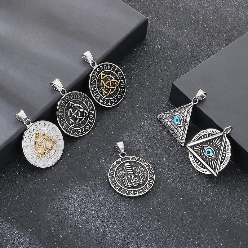 Men's Vintage Stainless Steel All-Seeing Eye Pendant Necklace Nordic Viking Thor's Hammer Celtic Knot Runes Medallion Jewelry Gift