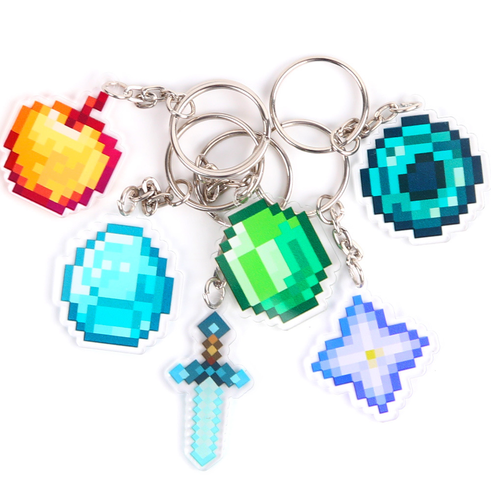 Pixel Game Item Keychains Acrylic Metal Ring Ornaments Retro Style Backpack Charms For Boys Girls Kids School Birthday Party Gift Accessories