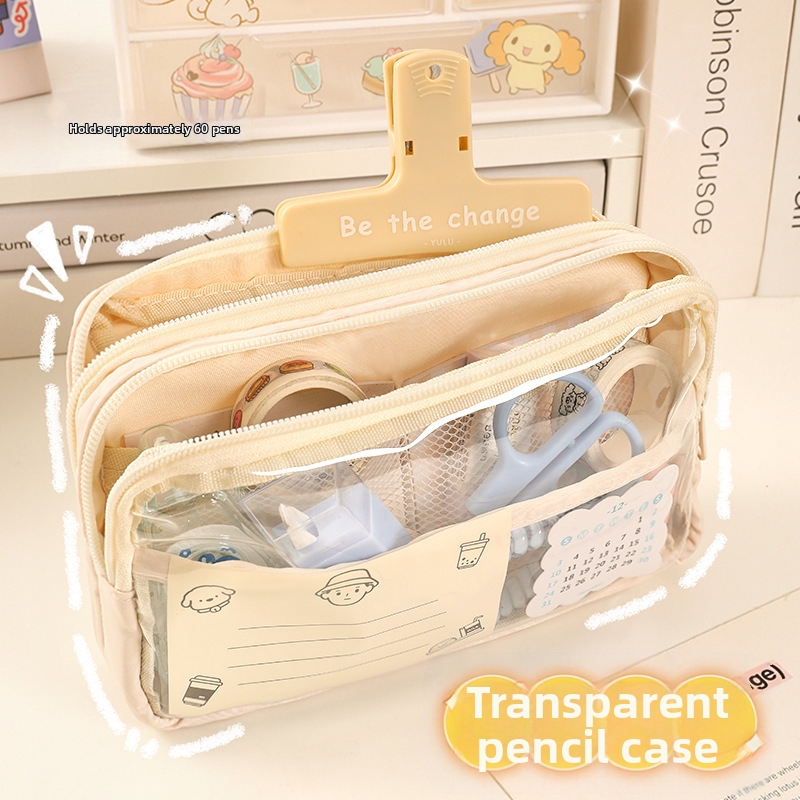 Large Capacity Transparent Pencil Case Canvas PVC Multi-layer Stationery Organizer For School Girls Aesthetic Portable Pen Bag Pouch With Magnetic Clip
