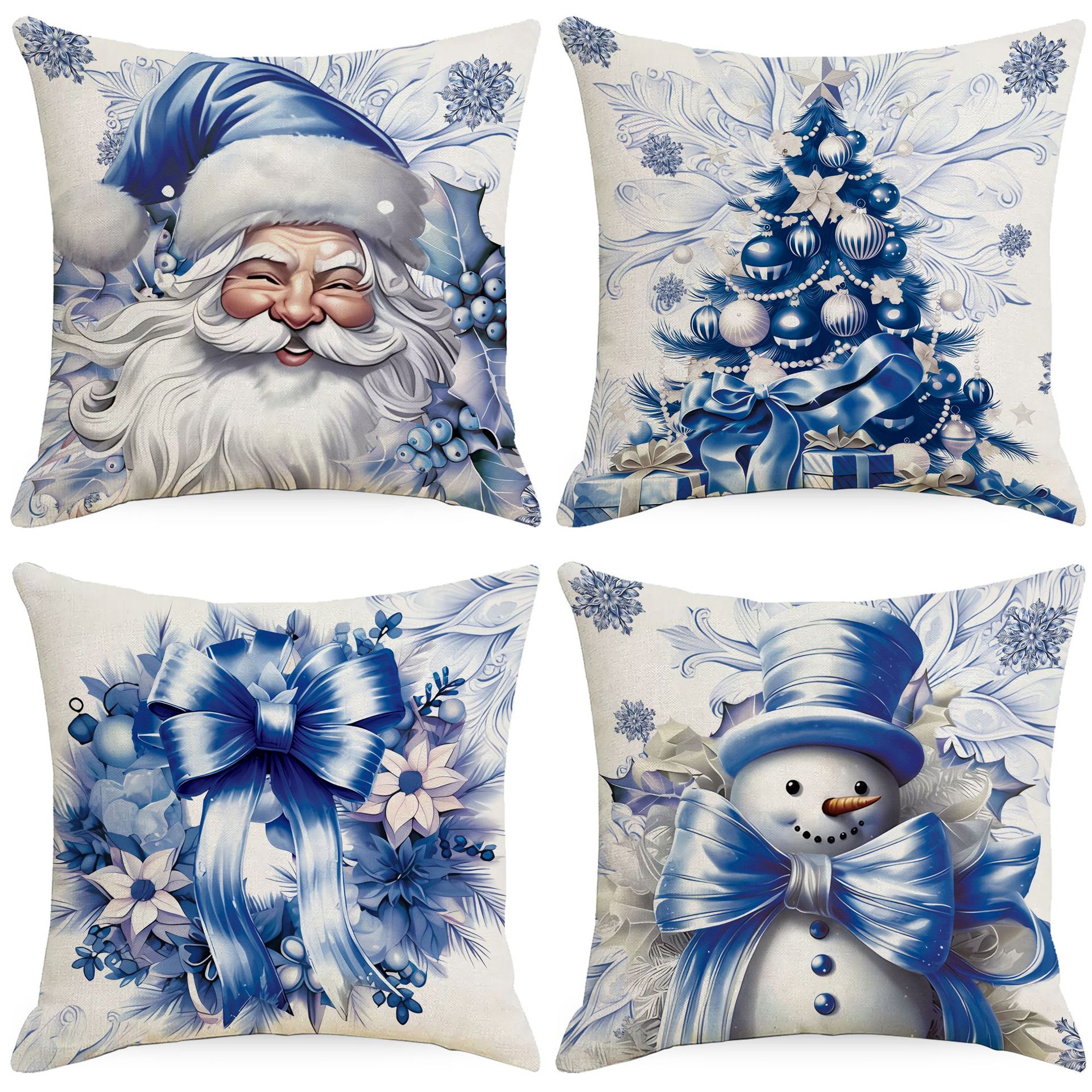 Christmas Santa Claus Snowman Linen Pillowcase Decorative Xmas Tree Snowflake Cushion Cover For Sofa Couch Living Room Home Decor 45x45cm