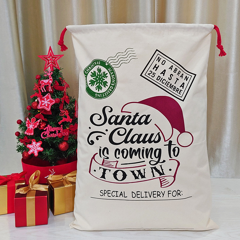 Large Christmas Canvas Gift Bag 100% Cotton Santa Sack With Drawstring Closure Retro North Pole Express Reindeer Postal Stamp Pattern For Holiday Party Gifting
