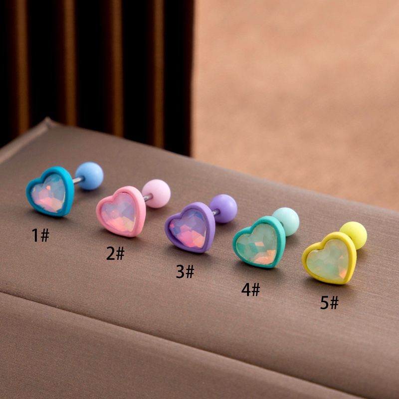 Heart Shaped Stainless Steel Stud Earrings Colorful Synthetic Opal Cartilage Piercing Jewelry For Women Girls Minimalist Sweet Daily Accessory