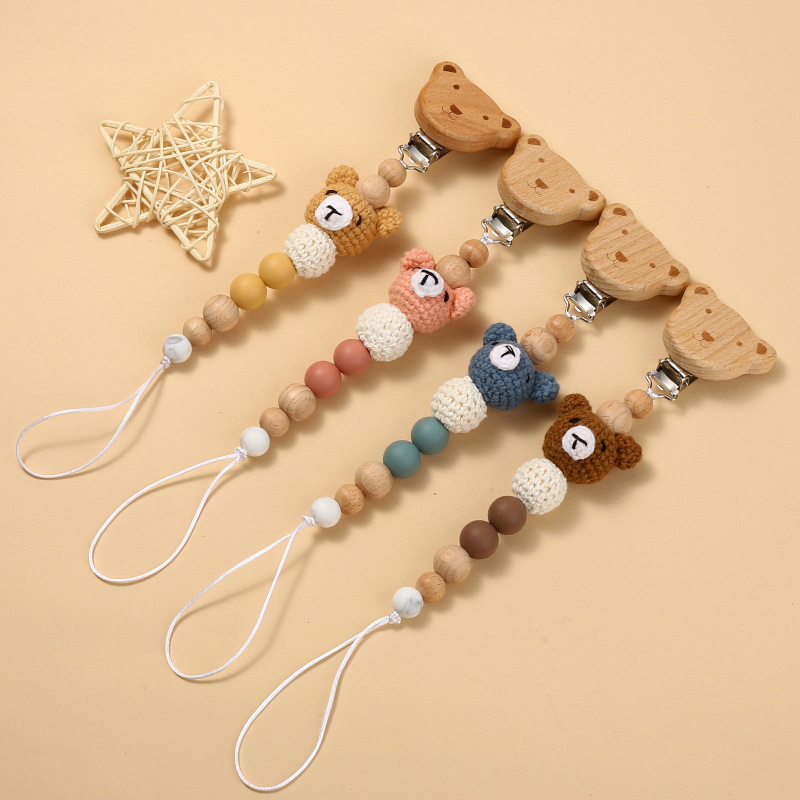 Handmade Crochet Bear Baby Pacifier Clip With Beech Wood Silicone Beads Teething Toy Chain For Infant Soother Holder Binky Strap Soothing Product