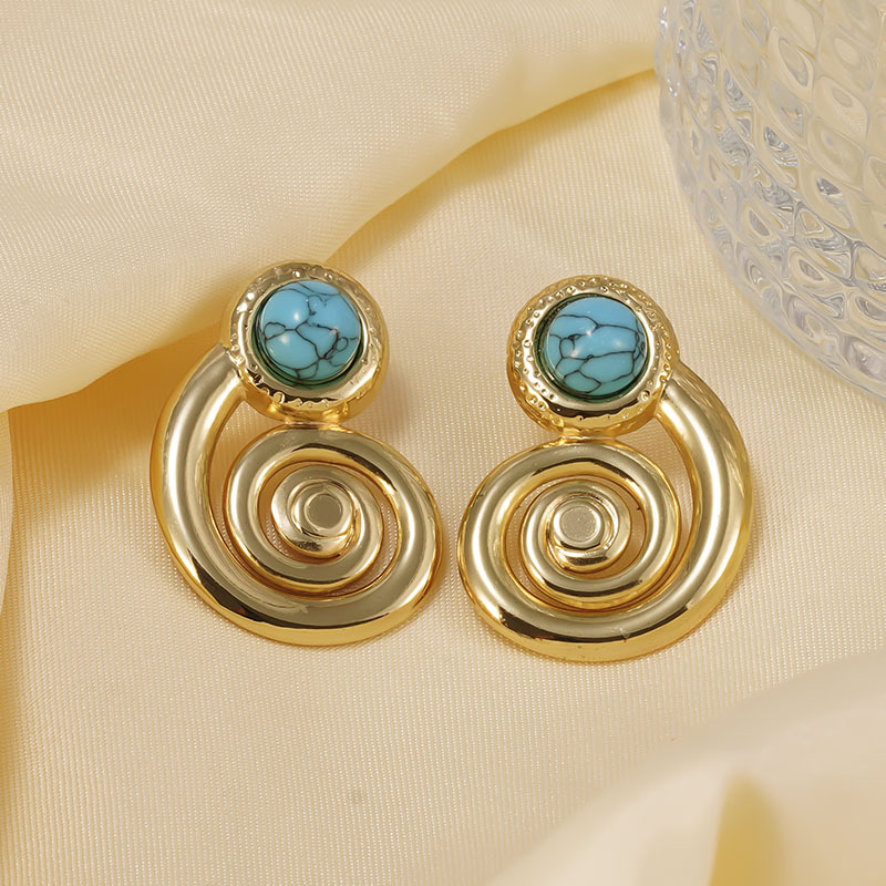 Spiral Stud Earrings 18K Gold Plated 304 Stainless Steel Turquoise Faux Stone Vintage Bohemian Style For Women