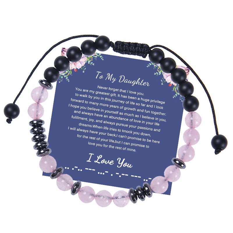 2023to My Daughter Morse Code Bracelet 6mm Pink Crystal Frosted Stone Bracelet