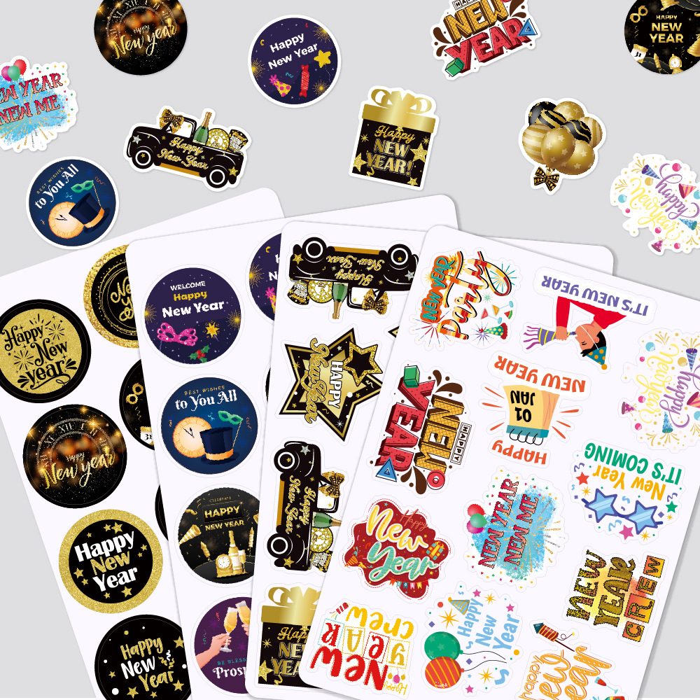 Happy New Year Decoration Stickers 4 Sheets Self-Adhesive Paper Party Decor Decals For Scrapbooking Gift Wrapping New Year Eve Celebration