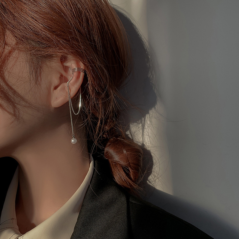 Korean Style Long Tassel Chain Ear Cuff For Right Ear With Artificial Pearl Copper White Gold Plated Minimalist Elegant Non Piercing Earring For Women