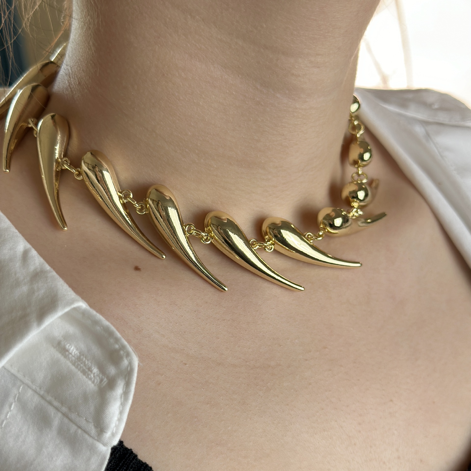 Exaggerated Spike Thorn Alloy Necklace For Women Individual Punk Style Gold Metal Statement Collarbone Chain Jewelry