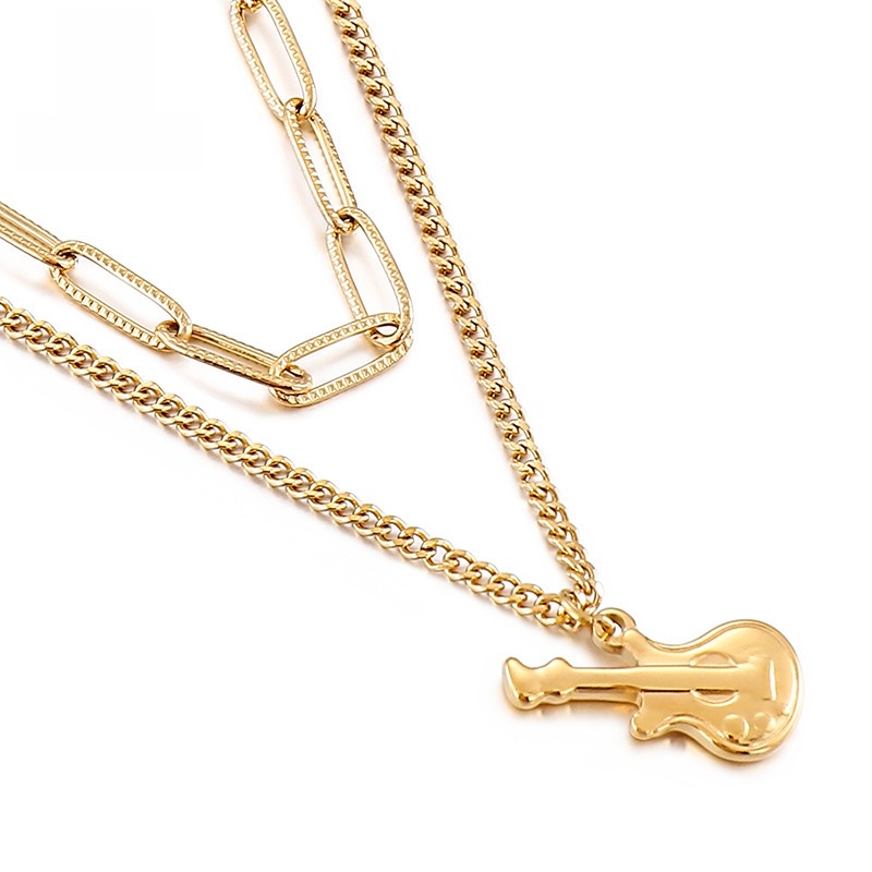 Fashion Double Layer Stainless Steel Guitar Pendant Necklace Chic Paperclip Chain Music Bass Instrument Charm Necklace For Women Girls Jewelry Gift