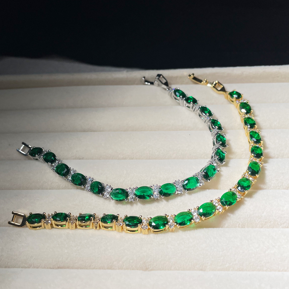 Elegant Emerald Green Oval Cubic Zirconia Tennis Bracelet For Women Luxury Brass Gold Plated Jewelry High Quality Zircon
