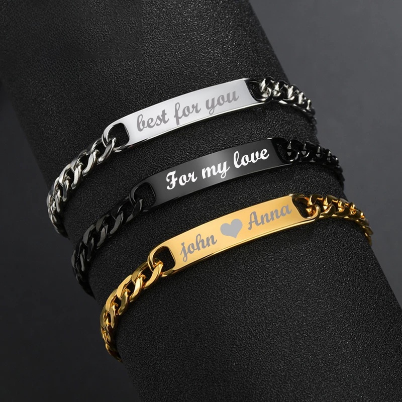 Personalized Stainless Steel Engravable Curved Bar Bracelet Minimalist Cuban Chain Custom Name ID Bracelets for Men Women Jewelry Gift