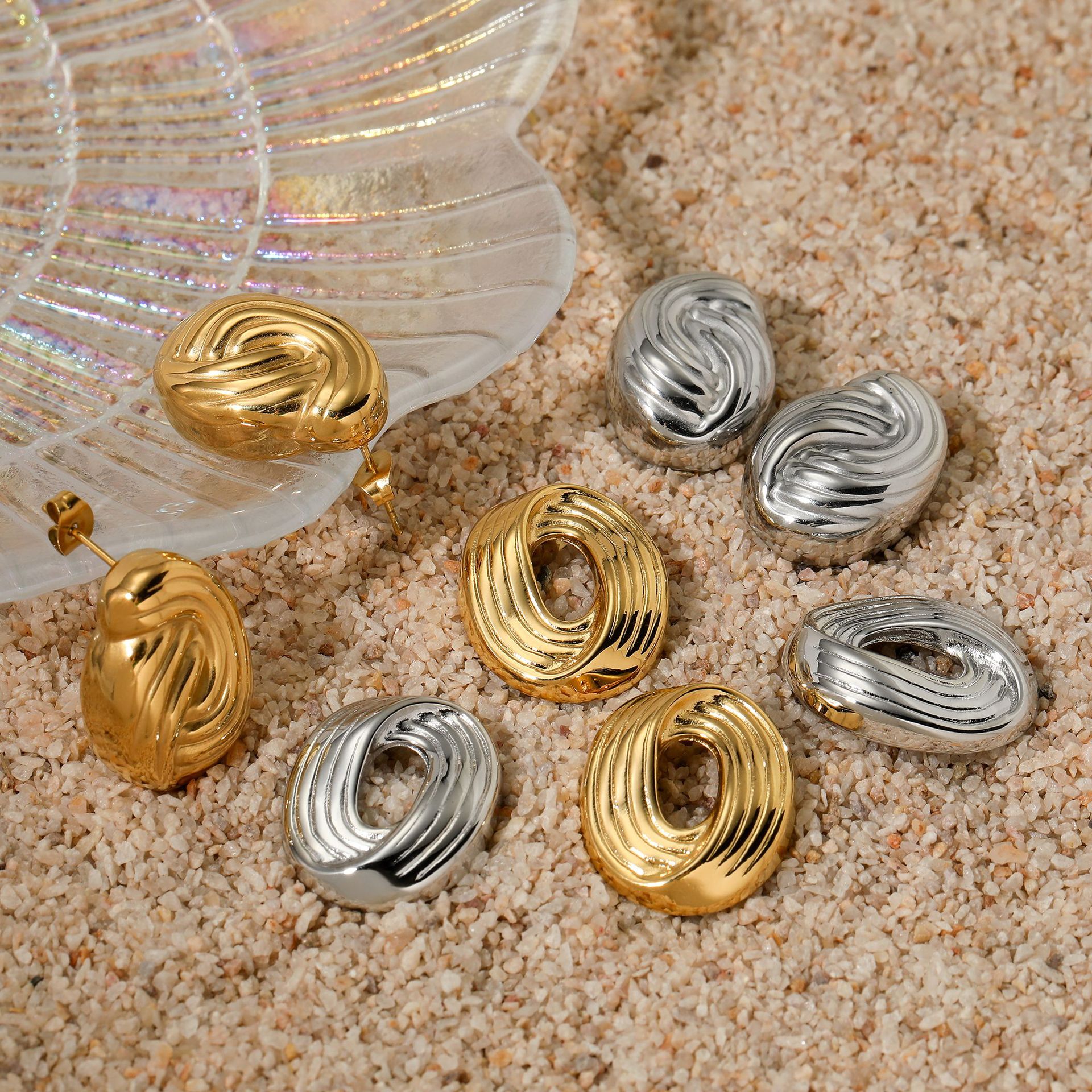 Stainless Steel Oval Earrings Hollow Thread Textured Irregular Geometric Studs For Women Fashion Jewelry