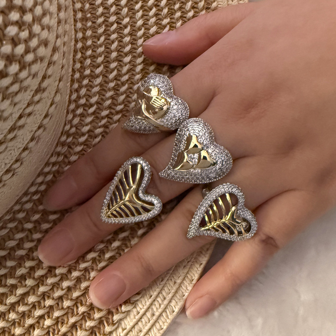 Heart Ring Copper With White Zircon Gold And Silver Plated Hollow Skeleton Punk Style Personality Jewelry For Women