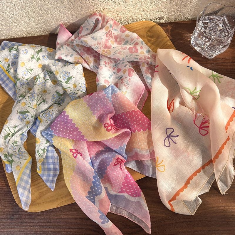 Women Cotton Linen Pastoral Floral Bandana Square Scarf For Hair Styling Retro Printing Small Handkerchief Headwear Accessory