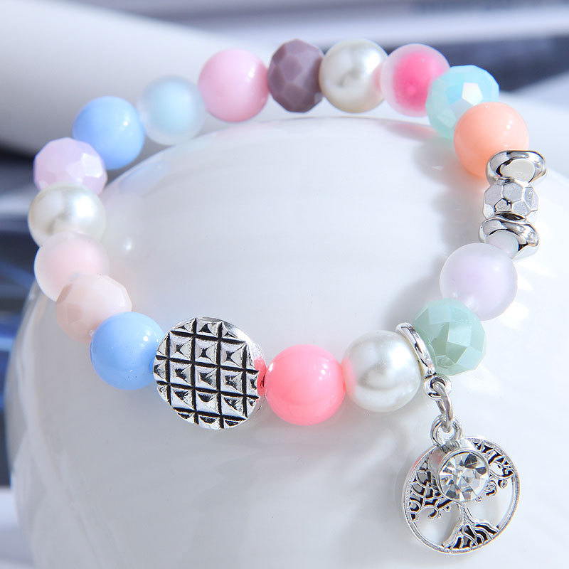Tree of Life Colorful Beaded Bracelet For Women Girls Alloy Steel Rhinestone Bohemian Sweet Elastic Charm Bracelet Jewelry Fashion Gift