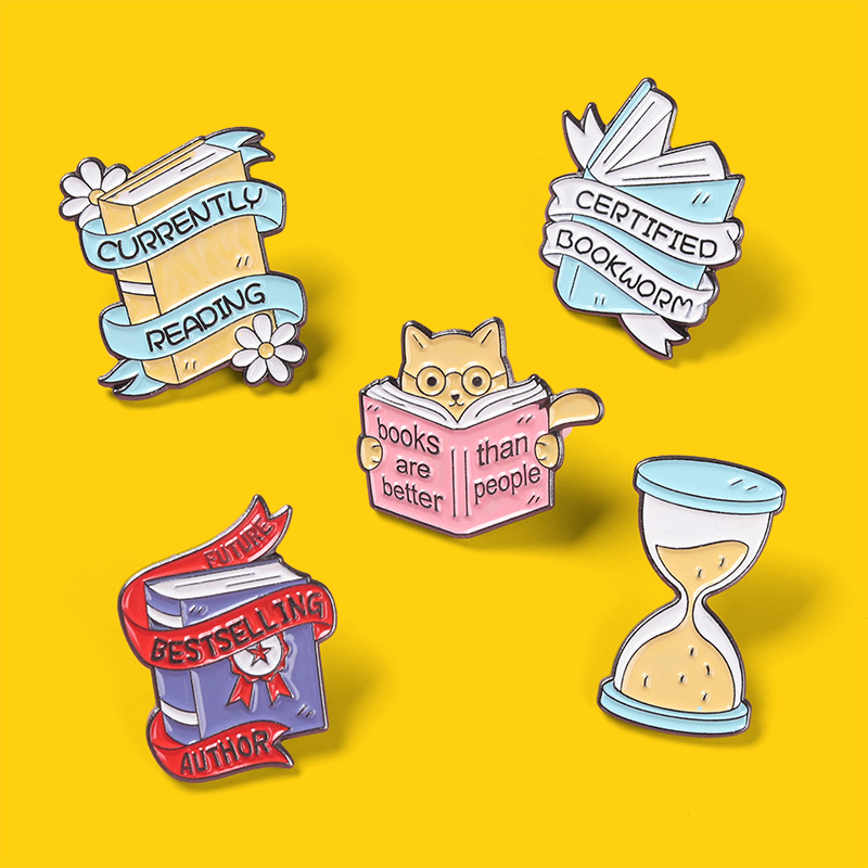 5Pcs Reading Theme Enamel Pin Set Alloy Books Cat Hourglass Brooches Currently Reading Certified Bookworm Future Author Badges For Bibliophiles Writers