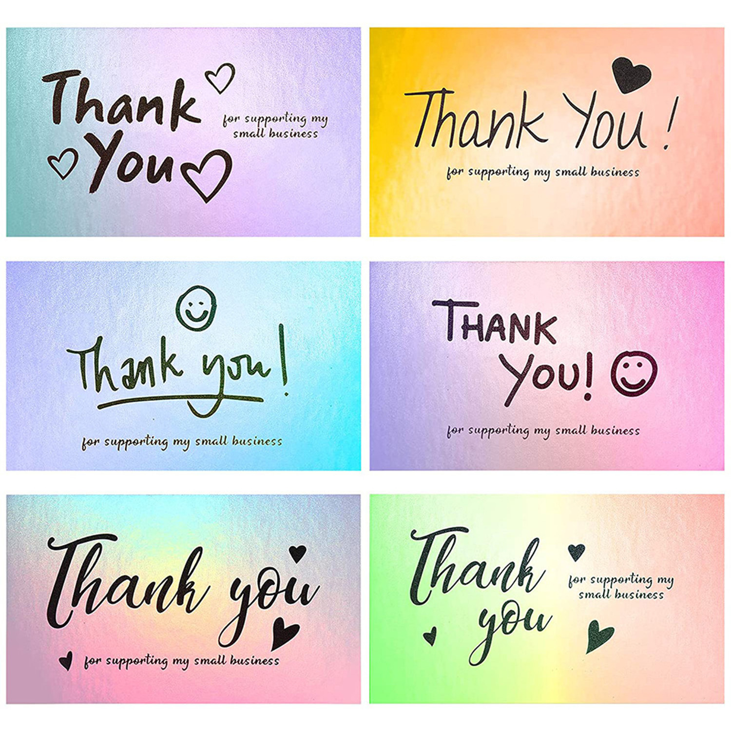 50Pcs Holographic Thank You for Supporting My Small Business Cards Rainbow Laser Gradient Greeting Cards for Business Package Decoration Gift Inserts Customers Appreciation Labels