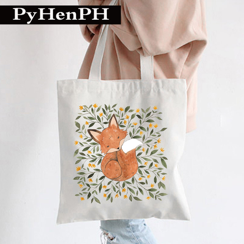 Women's Large Canvas Tote Bag Cute Fox Floral Print Reusable Eco-friendly Shopper Shoulder Bag For Shopping School Daily Travel