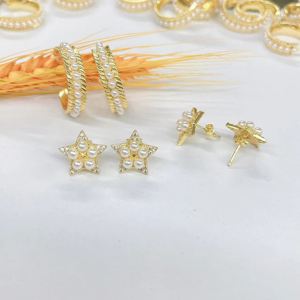 Pearl Earrings Star Stud Earrings And C Shaped Hoops Copper 18K Gold Plated Rhinestone Zircon For Women