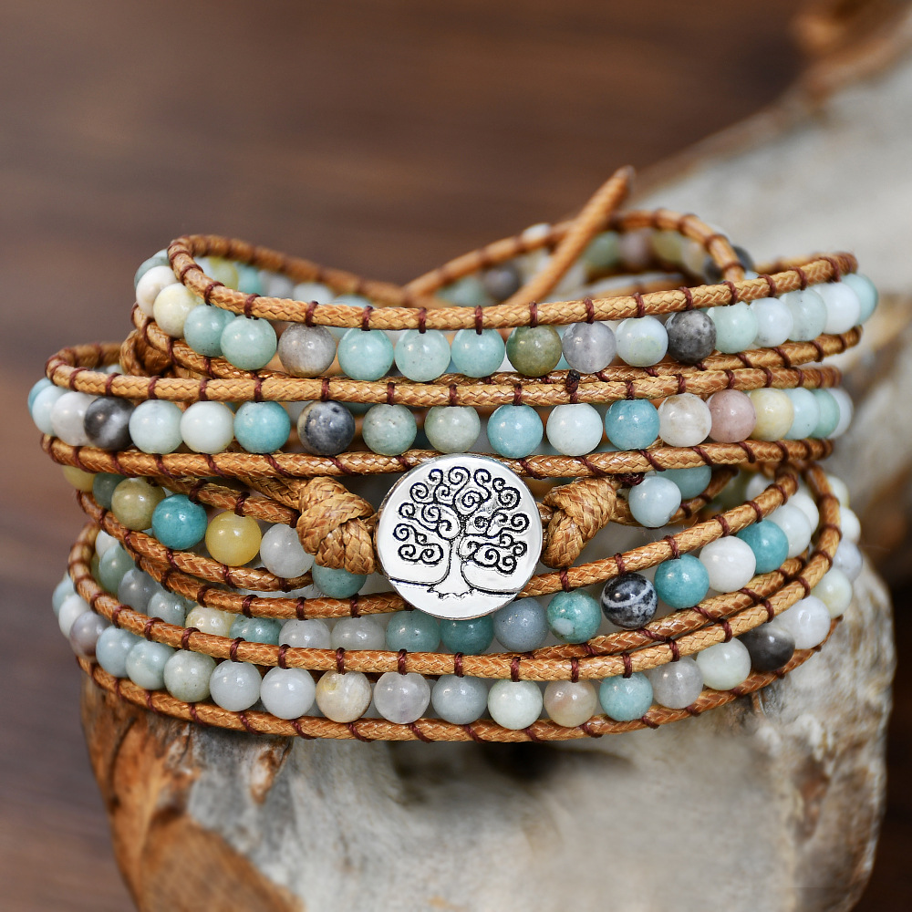 Bohemian Natural Amazon Stone Woven Wrap Bracelet With Tree of Life Charm Handmade 5-Layer Bead Strand Leather Rope Jewelry For Women Travel Daily