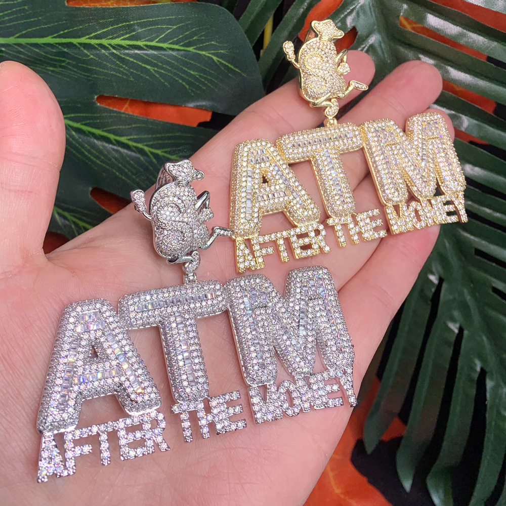 Hiphop Iced Out ATM After The Money Pendant Necklace Copper Zirconia Large Letter Pendant With 61cm Twist Chain For Men Women Street Punk Jewelry