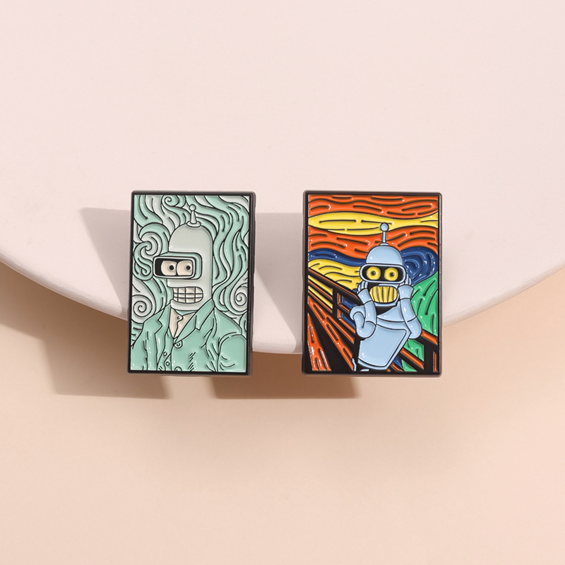Creative Funny Robot Enamel Pins Metal Badge Famous Painting Parody Van Gogh Style Scream Style Lapel Pin For Backpack Jacket Clothes Women Men Cartoon Jewelry Gift