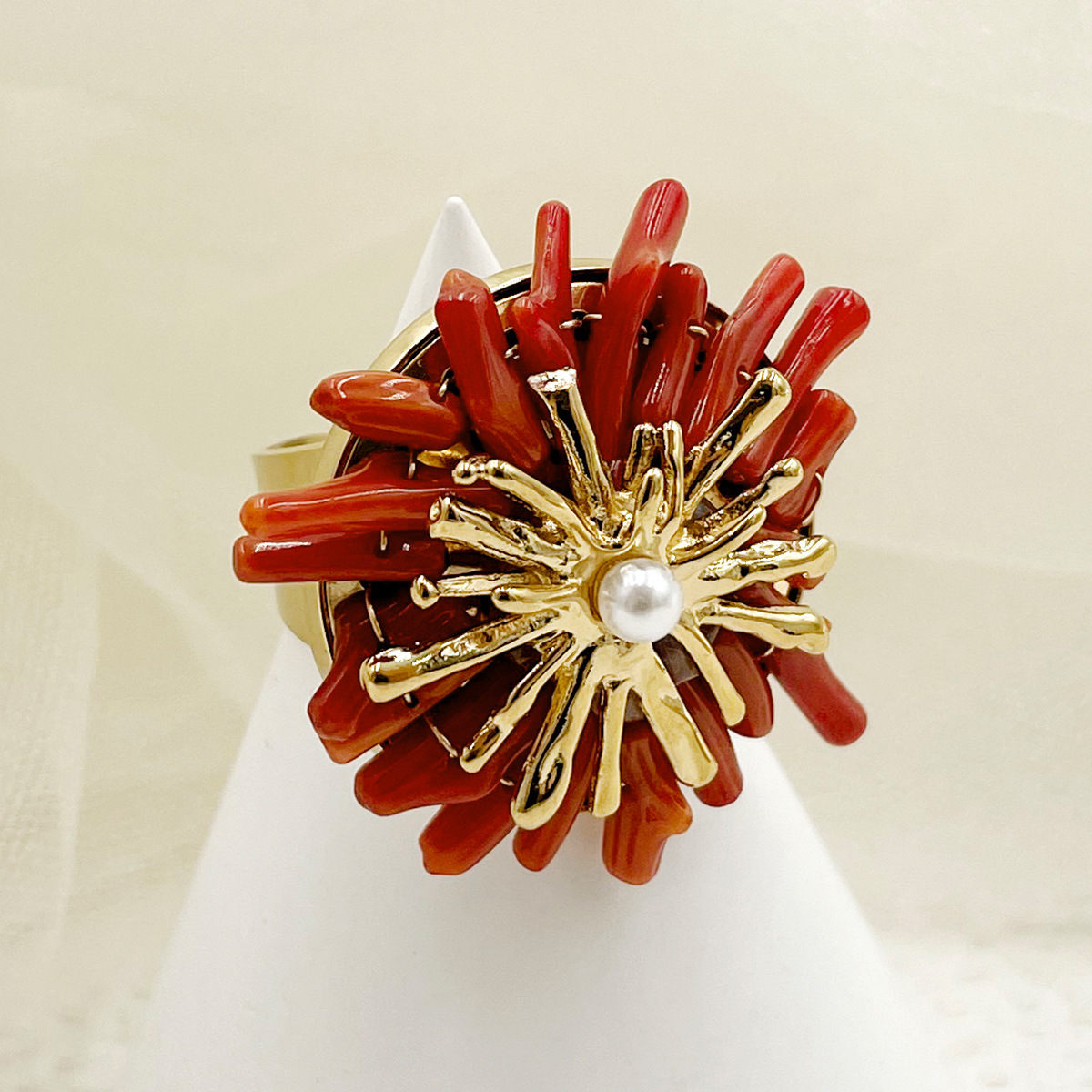 Red Coral Petal Open Ring Stainless Steel Gold Plated With White Pearl For Women Artistic Adjustable Jewelry