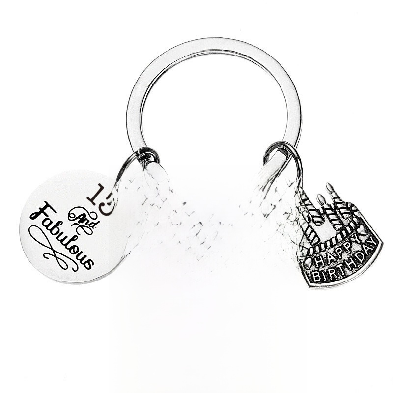 Stainless Steel Birthday Keychain For Women Men 13th 18th 21st 30th 40th 50th 60th Anniversary Gifts Inspirational Quotes Engraved Key Ring With Cake Charm Fabulous Birthday Party Favors Jewelry