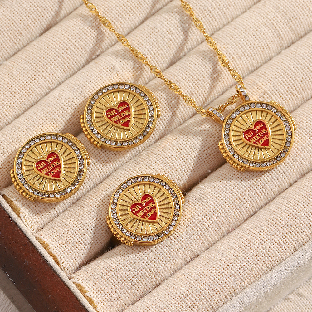 18K Gold Plated Stainless Steel Heart Jewelry Set Red Enamel All You Need Is Love Engraved Necklace Earrings Ring With Zirconia Women Romantic Gift