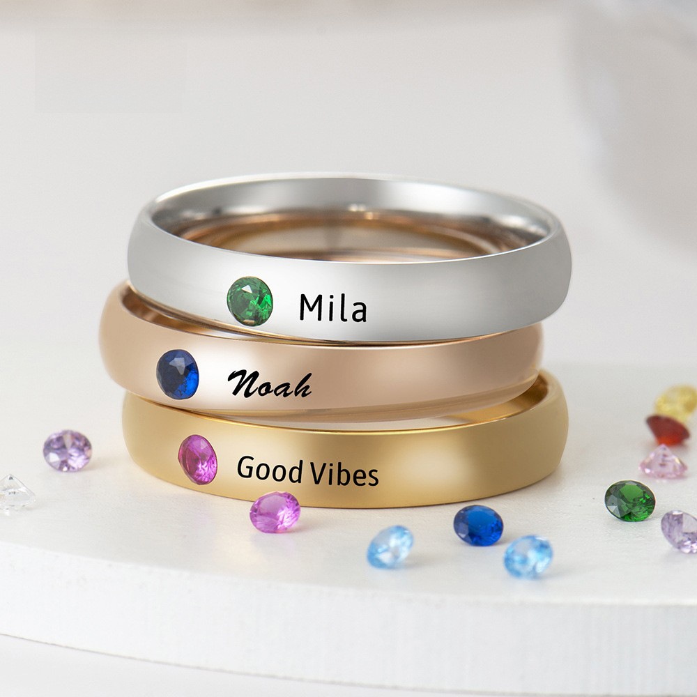 Personalized 304 Stainless Steel Birthstone Ring For Women Custom Engraved Name Minimalist Gold Rose Gold Silver Stacking Bands Jewelry Gift