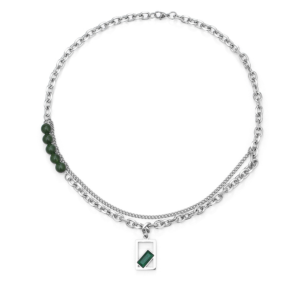 Layered Chain Necklace Titanium Steel Spliced Square Green Gemstone With Green Beads Niche Design Unisex Jewelry