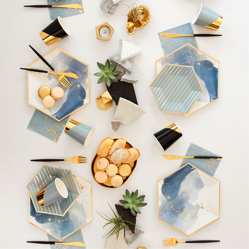 Hexagonal Blue Gold Stamping Disposable Paper Plates Cups Napkins Party Tableware Set Marble Geometric Stripes Tableware For Birthday Wedding Anniversary Celebrations