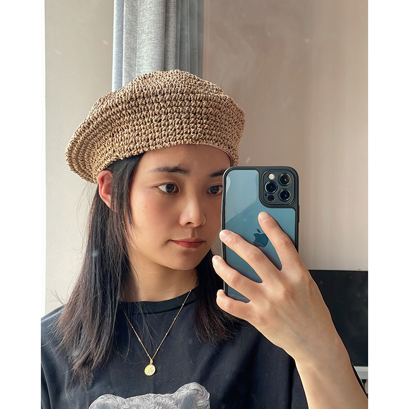 Women Handmade Paper Straw Beret Hat Summer Breathable Crochet Artist Hat Foldable Minimalist Solid Color Beach Travel Accessories