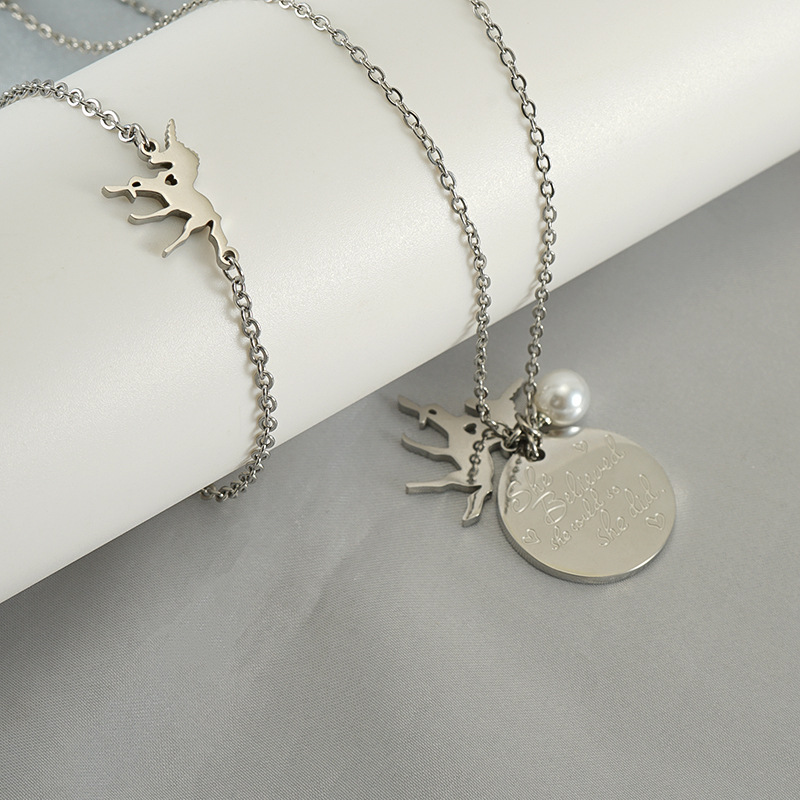 Stainless Steel Unicorn Pendant Necklace Set With Pearl Inspirational Disc Charm Silver Jewelry For Women Girls She Believed She Could So She Did