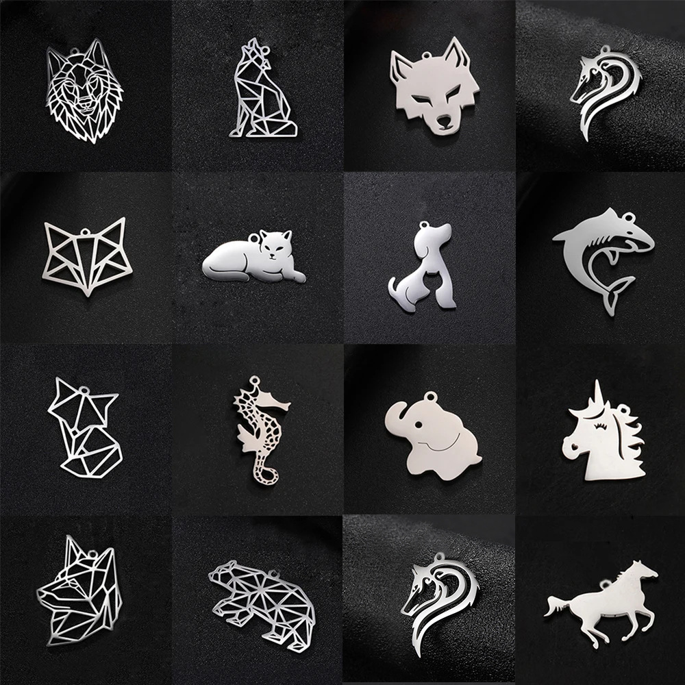 DIY Stainless Steel Animal Pendants Geometric Wolf Cat Dog Shark Horse Charms For Jewelry Making Necklace Keychain Accessories Wholesale
