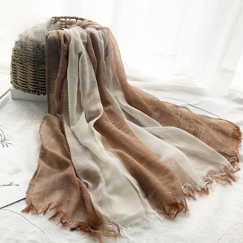 Women Long-Staple Cotton Blend Solid Color Gradient Scarf Thin Breathable Crinkle Fringed Shawl Large Sun Protection Muslim Hijab Wraps for Spring Summer Travel Daily