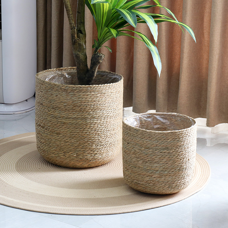 Woven Straw Flower Pot Basket Natural Bulrush Storage Basket With Waterproof Lining For Indoor Plants Living Room Home Decor Nordic Minimalist Style