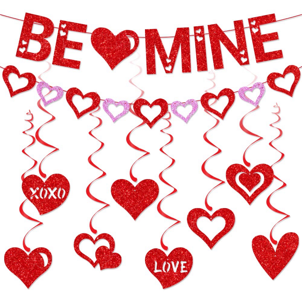 Valentine's Day Party Decoration Set Glitter Paper Be Mine Letter Banner Heart Garlands Hanging Spirals For Romantic Anniversary Proposal Home Decor Red Pink Glittery Banners
