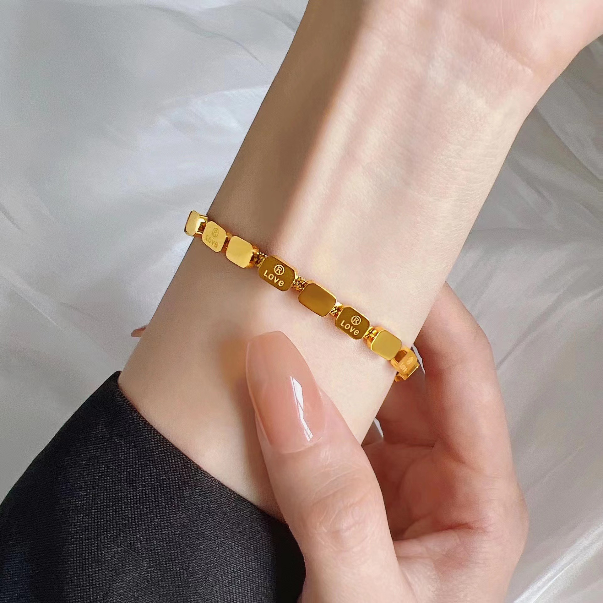 Stainless Steel 18K Gold Plated LOVE Engraved Rectangular Block Bracelet With Snake Chain Adjustable Lobster Clasp Minimalist Fashion Jewelry For Women Gift