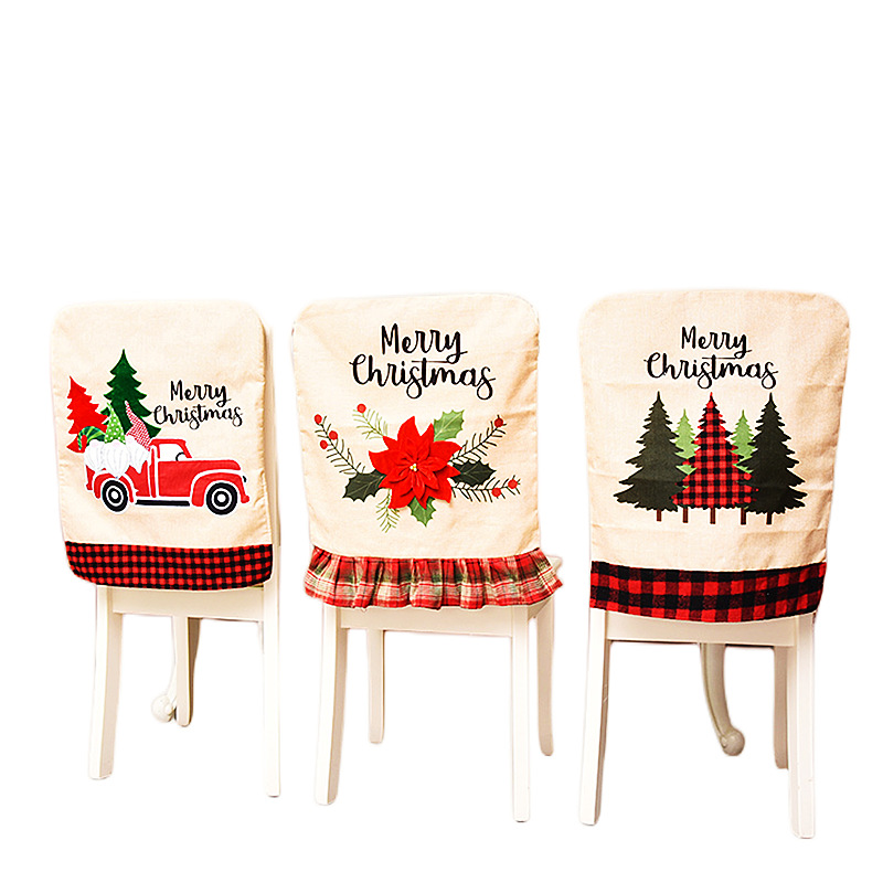 Christmas Chair Back Covers Faux Linen Buffalo Check Merry Christmas Gnome Truck Pattern Dining Chair Protector for Holiday Home Decor