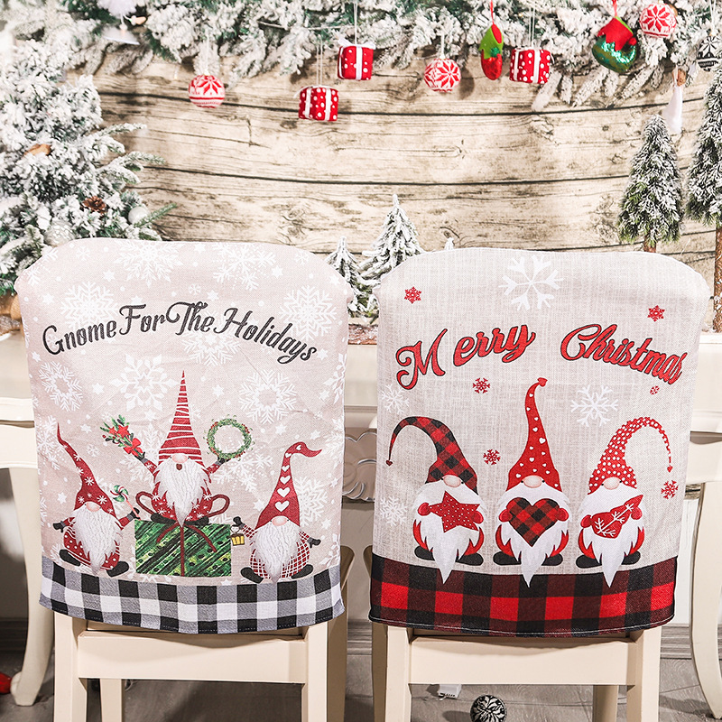 Christmas Gnome Chair Back Covers Linen Plaid Pattern Decorative Holiday Chair Covers For Home Dining Room Kitchen Merry Christmas Decor