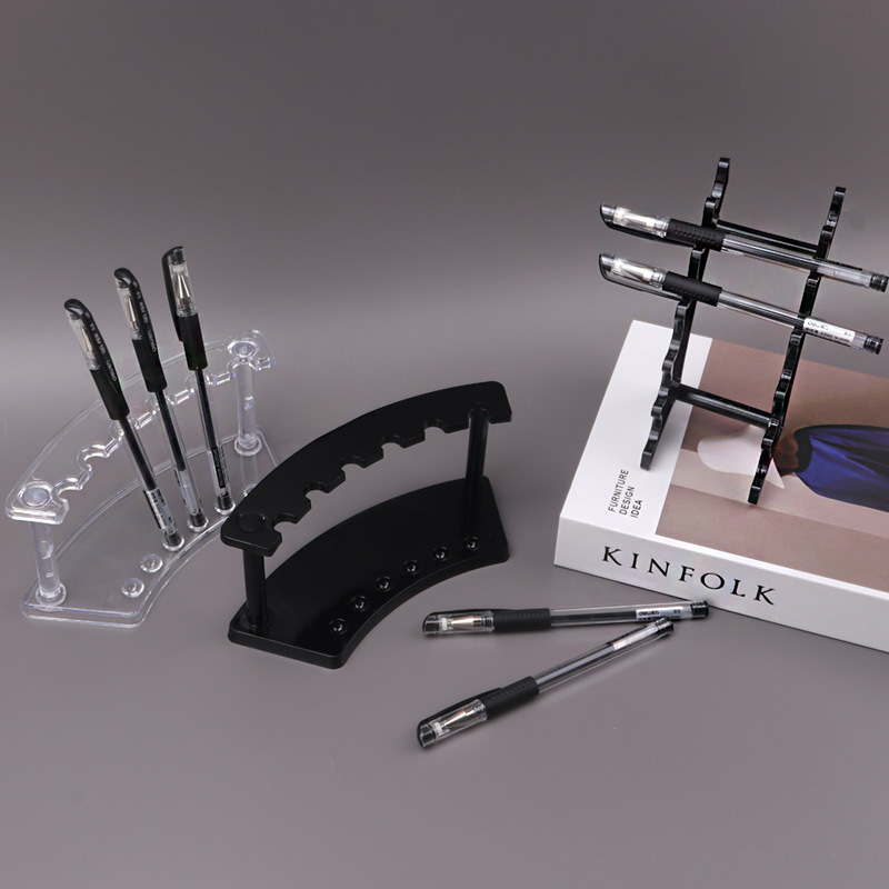 Acrylic Pen Display Stand 6 Slots Clear Plastic Fountain Pen Holder Rack Tiered Makeup Brush Display Organizer For Office School Store Desk Shop Showcase