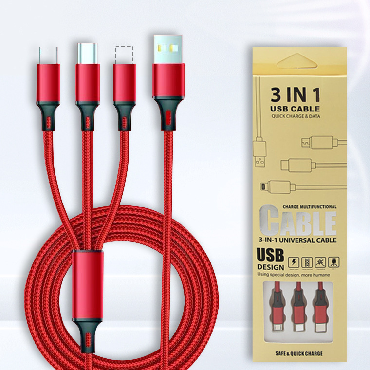 3-in-1 Multi USB Charging Cable Nylon Braided Fast Charge Cord with Lightning Type-C Micro USB Connectors for Multi-Device Universal Office Travel Accessories