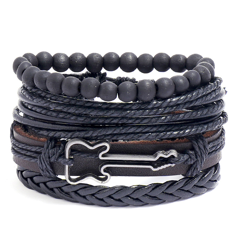 Multilayer Leather Braided Bracelet With Alloy Guitar Charm And Wood Beads Retro Punk Style Jewelry For Men Women