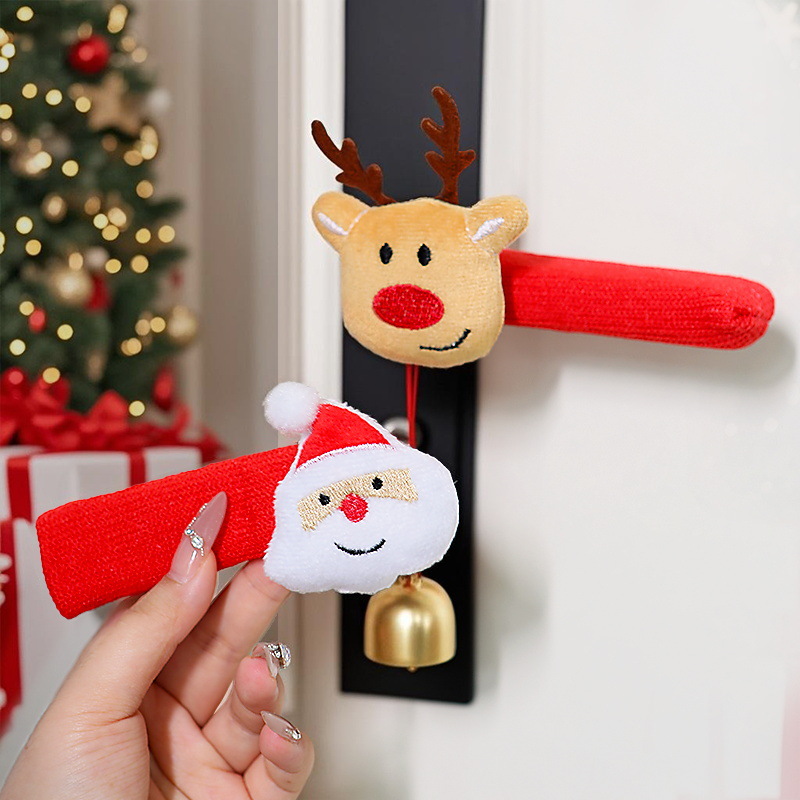 Christmas Door Handle Covers Knitted Plush Santa Reindeer Tree Protector Sleeve With Bell For Home Party Decor Festive Protective Handle Mitts