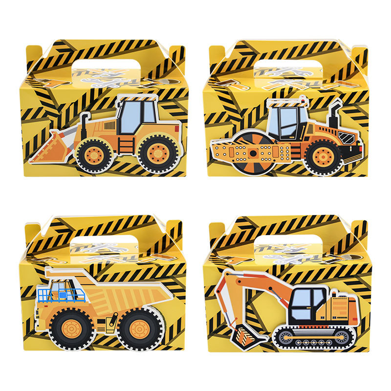 12Pcs Construction Vehicle Party Gift Boxes Paper Handheld Candy Treat Boxes Cartoon Excavator Theme Gable Boxes For Kids Birthday Party Favors Supplies Decorations