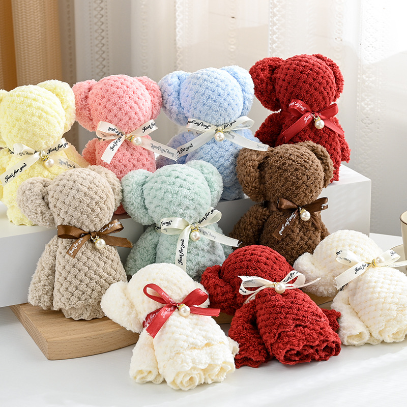 Cute Bear Shaped Towel Gift Set Soft Absorbent Coral Fleece Hand Towels with Ribbon and Faux Pearl for Wedding Party Favors Baby Shower Opening Return Gifts Ins Style Souvenirs