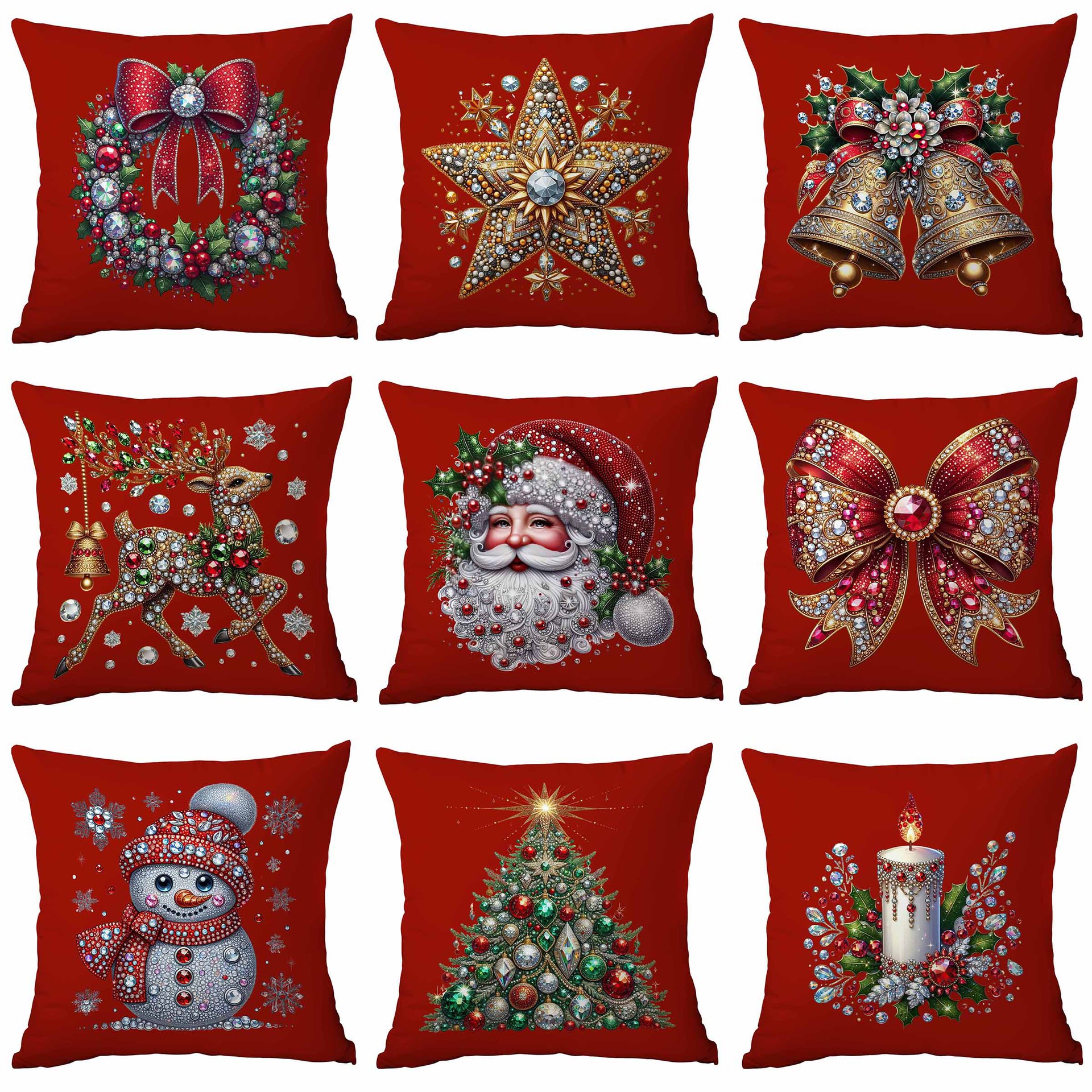 Christmas Throw Pillow Covers Luxury Red Diamond Pattern Rhinestone Style Xmas Decorative Pillowcases For Sofa Couch Home Decor Holiday Gifts